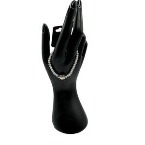 White Beaded Bracelet Silver Heart Charm Stretch Fit  Womens Jewelry Accessory